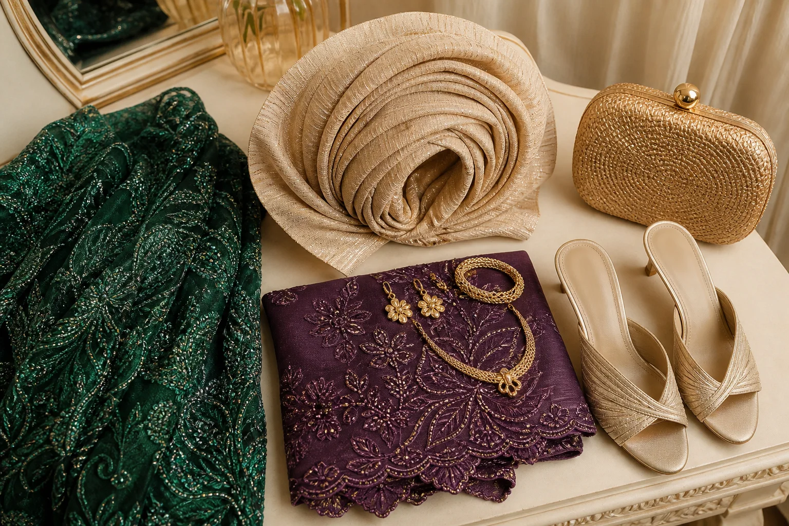 Emerald and plum asoebi fabrics coordinated with champagne gele, shoes and accessories