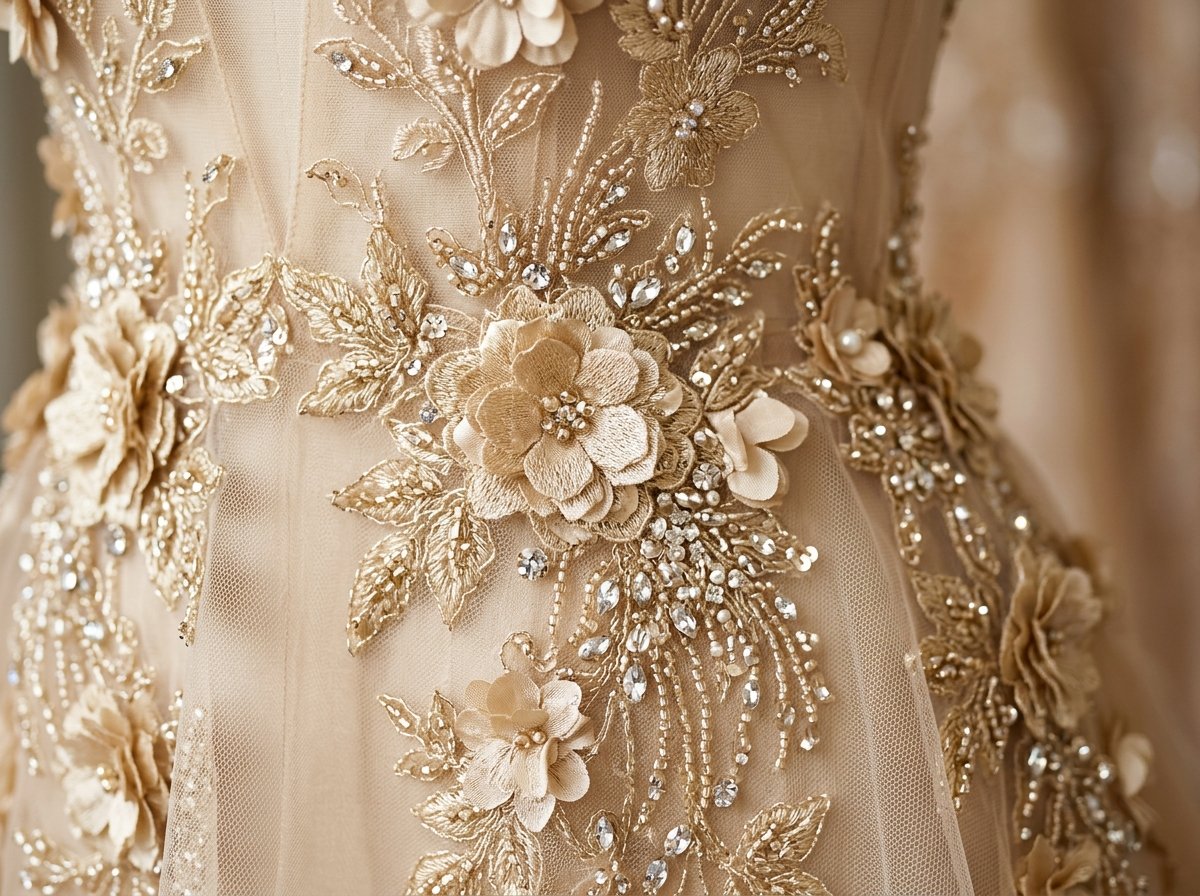 Champagne gold beaded floral lace prom dress material with 3D floral accents