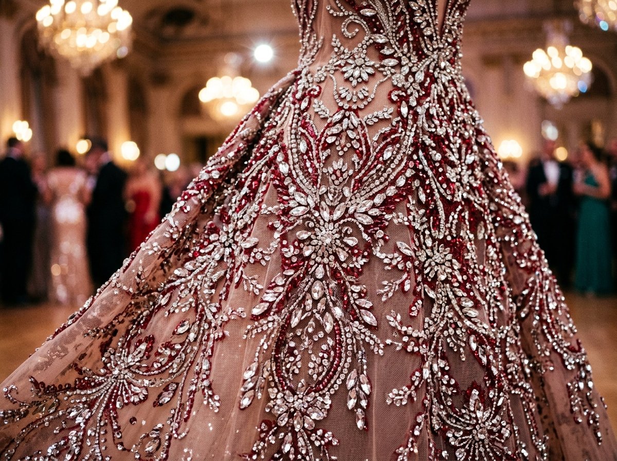 Luxury crystal and sequin prom dress fabric with sparkling embellishments