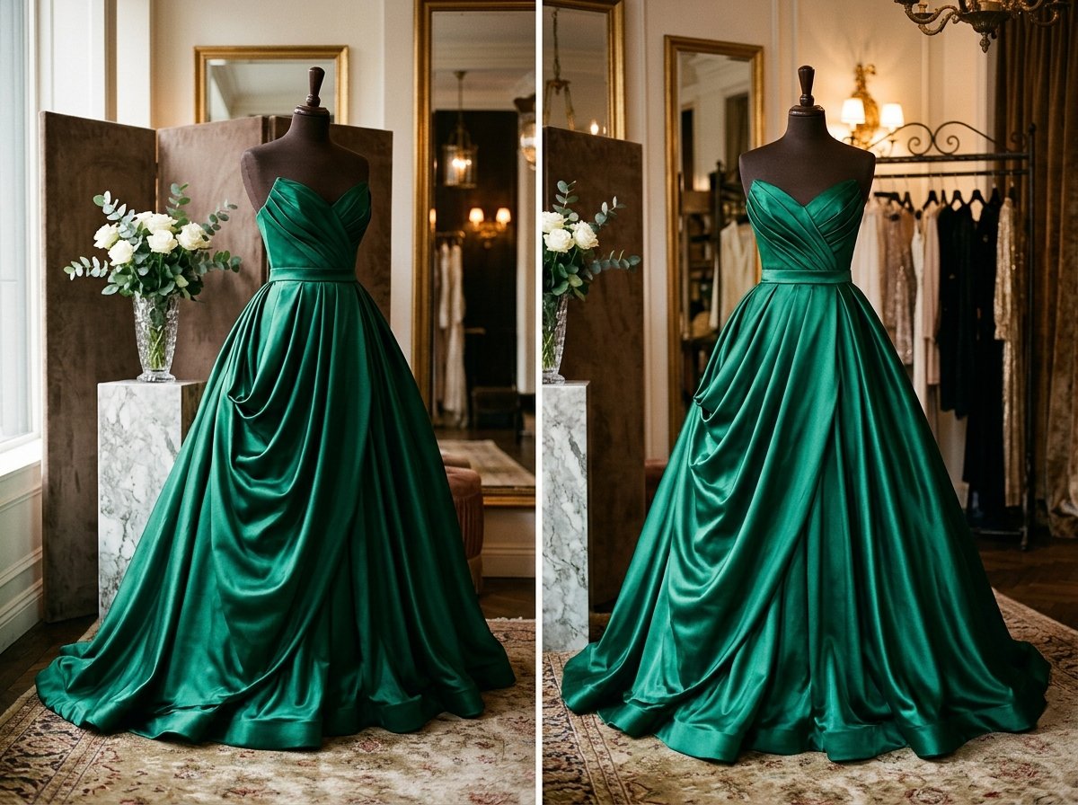 Emerald green duchess satin prom dress with lustrous liquid gloss and sculpted folds