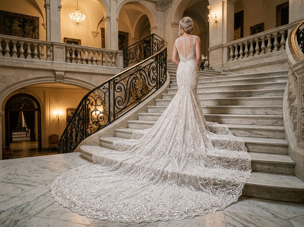 Luxury crystal lace mermaid gown with sweeping cathedral train cascading on marble stairs