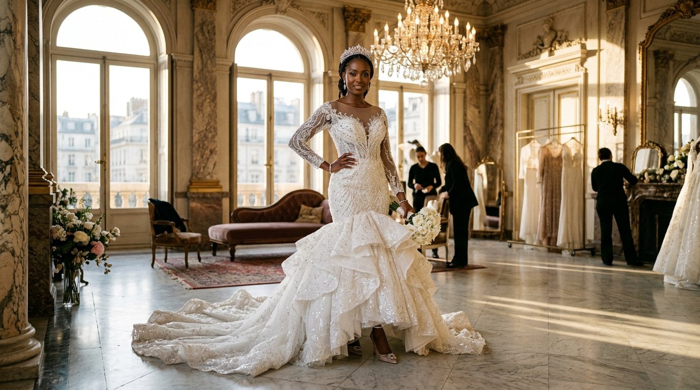 Tailored mermaid gown in luxury beaded lace with dramatic trumpet flare in an opulent salon