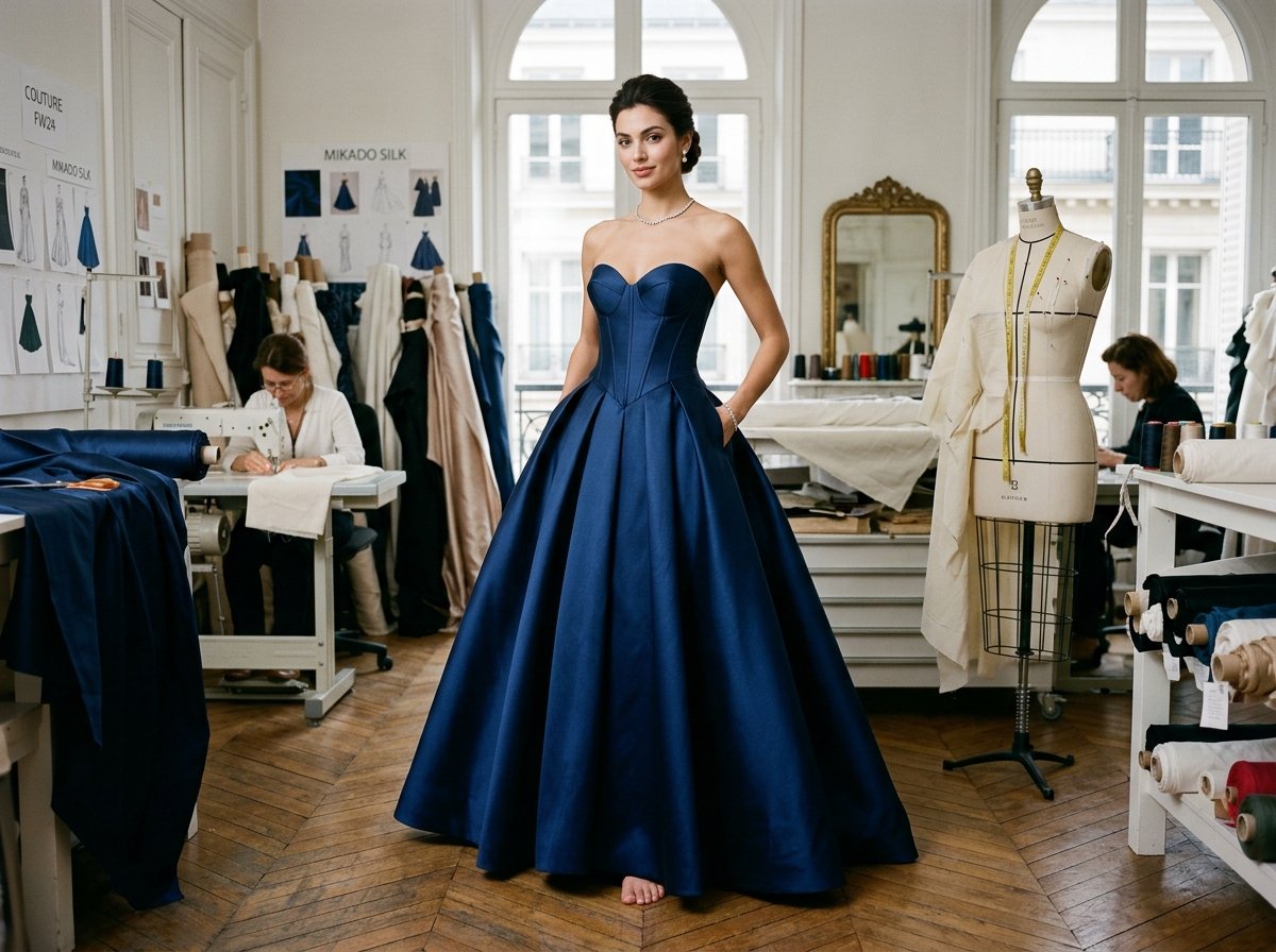 Royal navy blue mikado silk prom ballgown with architectural box pleats