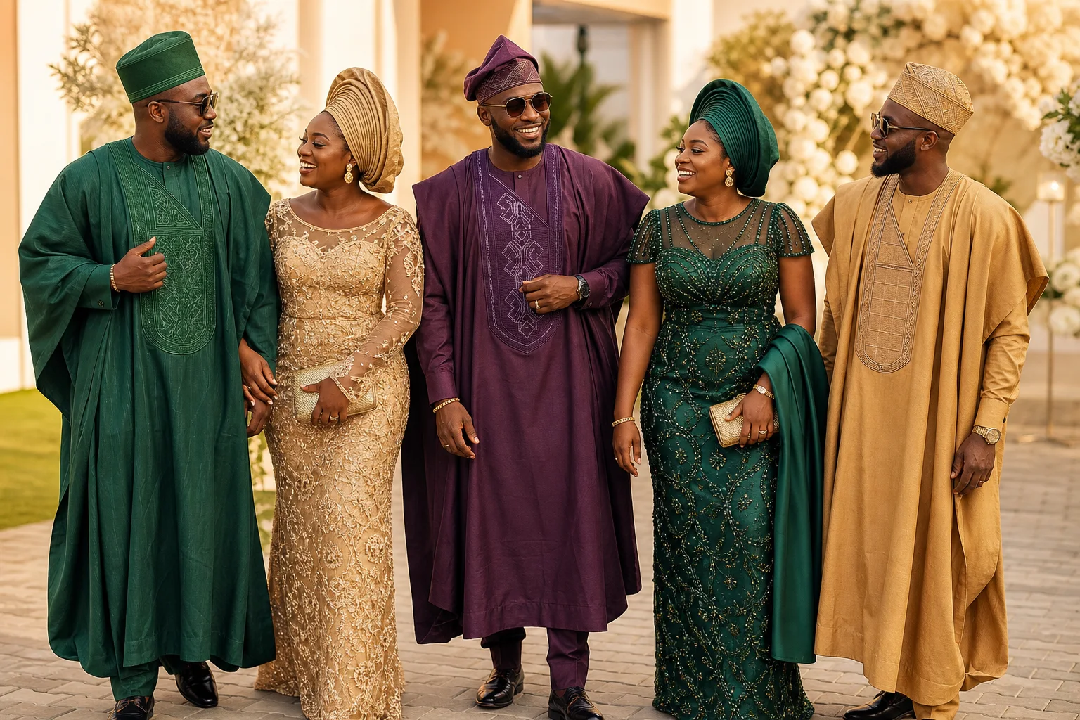 Nigerian wedding guests wearing coordinated emerald, champagne and plum asoebi outfits