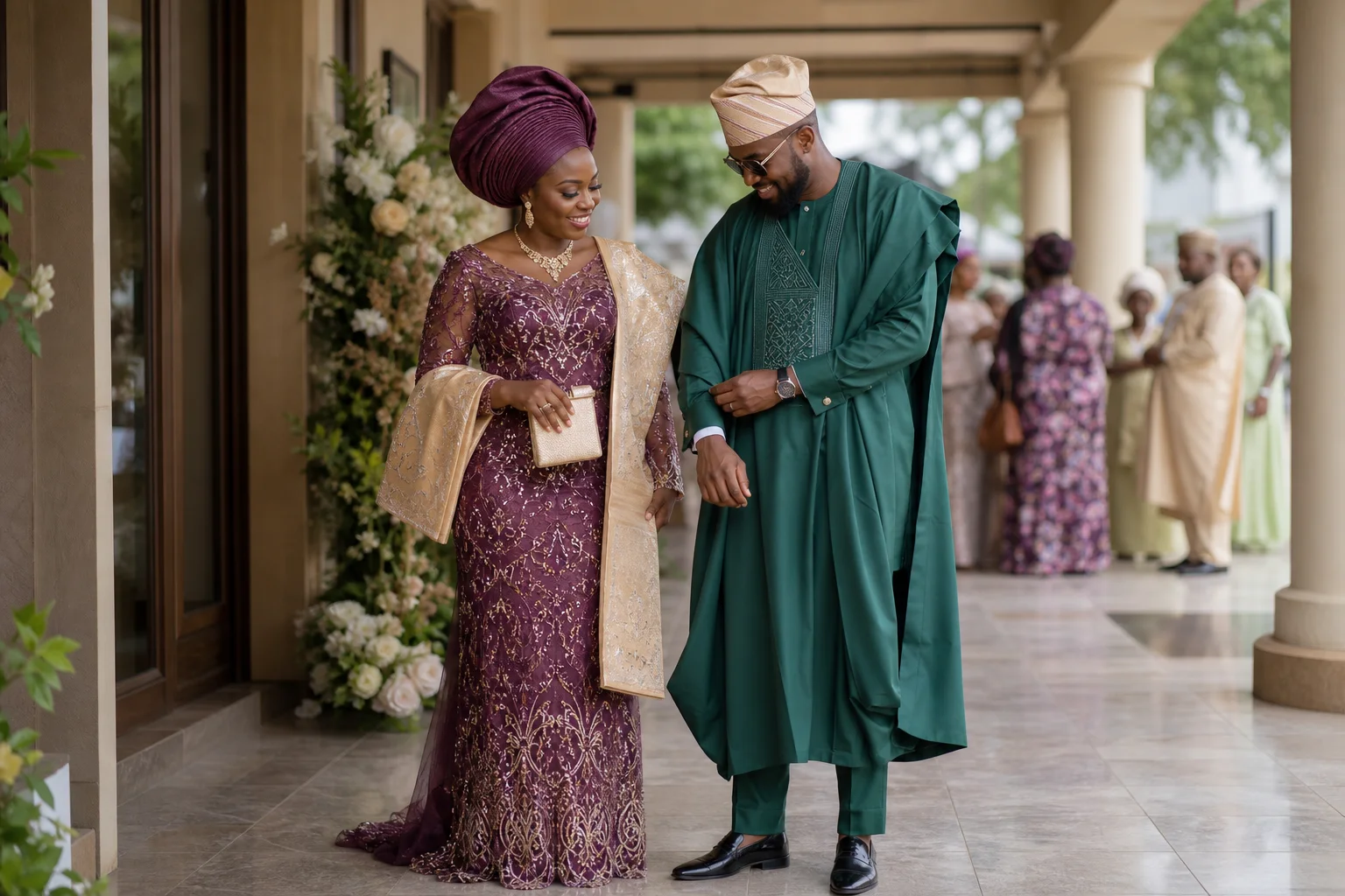 Nigerian wedding guests in plum lace and emerald agbada
