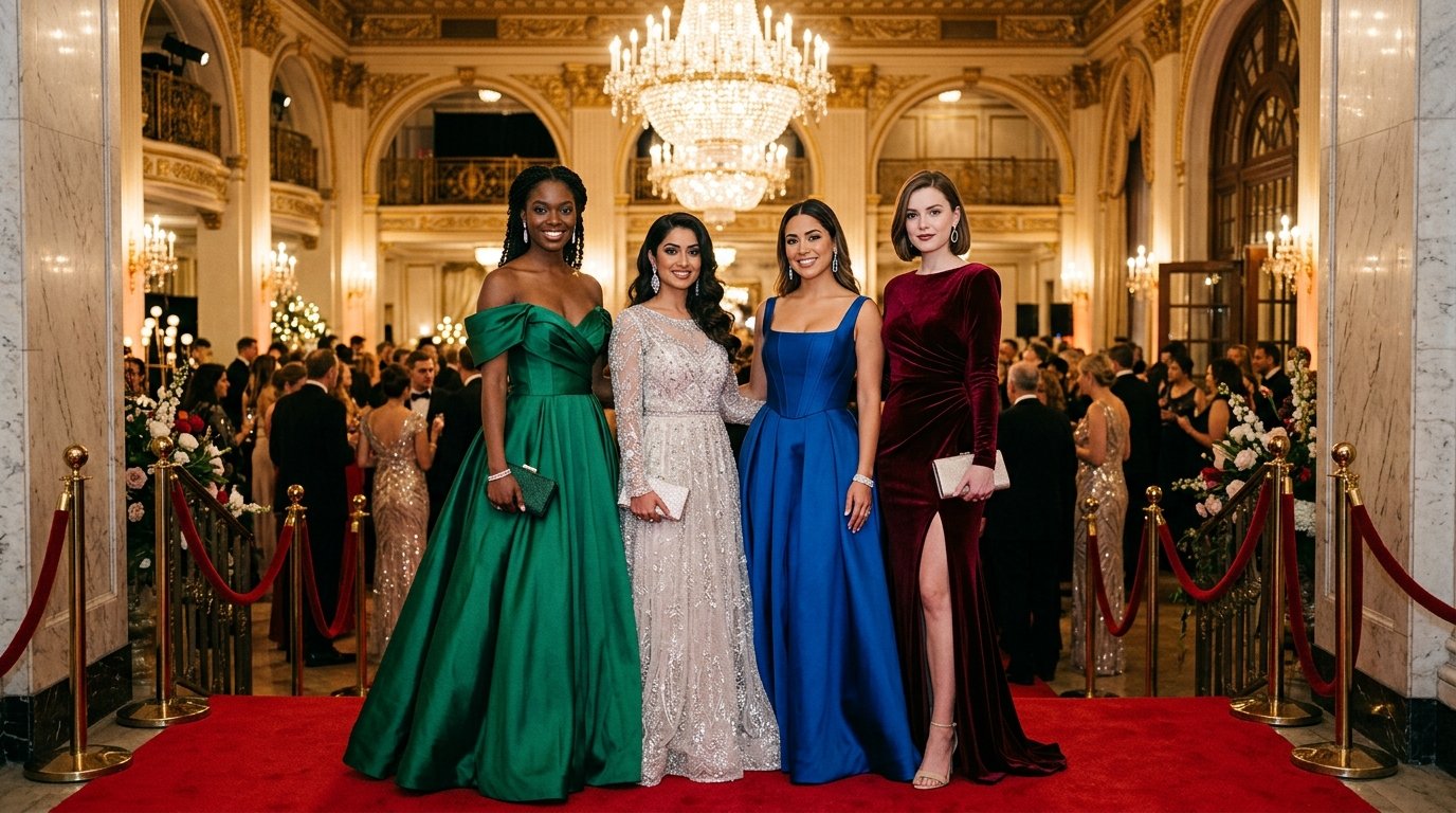 Diverse young women in luxury crystal, satin, mikado, and velvet prom dresses at a grand ballroom gala