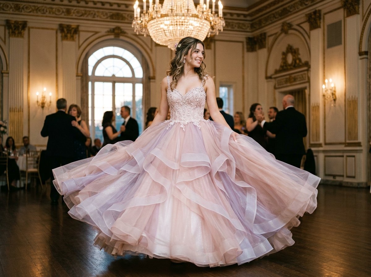 Blush and lavender layered tulle and shimmer organza prom ballgown spinning on the dance floor